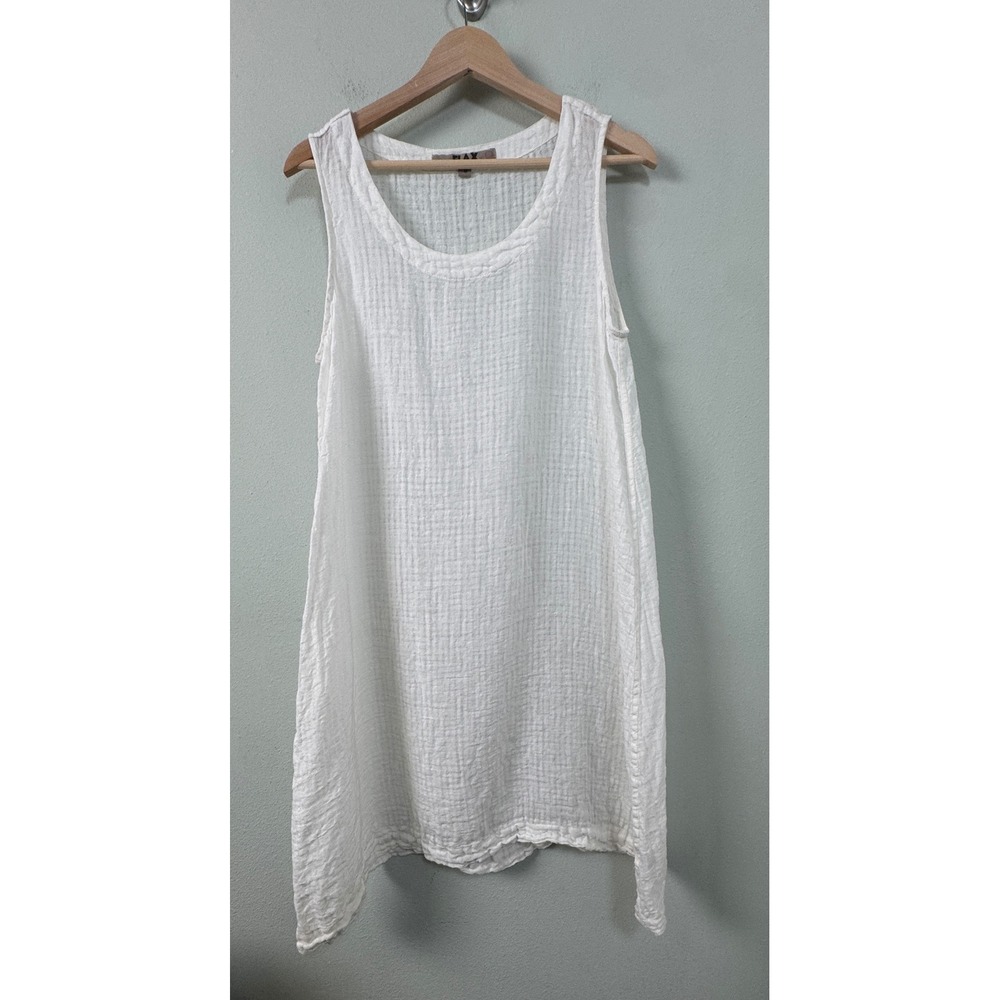 FLAX White 100% Linen Crinkle Gauze Sleeveless Tunic Dress Lightweight Sheer S